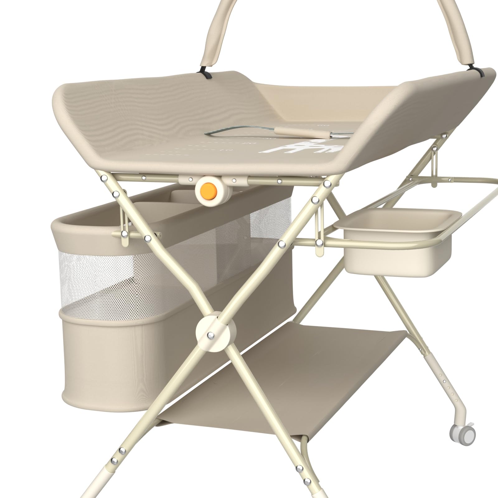 Cambiador de bebé plegable y ajustable en altura, Hasta 25 Kg, 0-36 Meses, Organizador de Pañales, Ruedas 360º con Freno, Arnés y Valla de Seguridad, Funda Lavable, 75 * 68 * 83-91 cm (B) Blanco roto