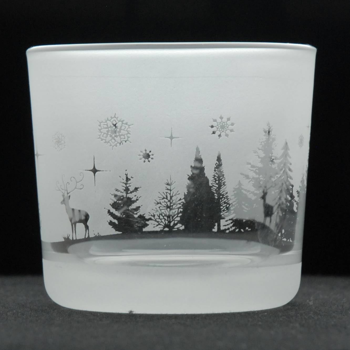 Animo Glass Votive Tea Light Christmas Candle Holder, Frosted Etched Glass with Christmas Winter Woodland Design, Clear Tealight Candleholder for Christmas Home Decor Winter Wonderland