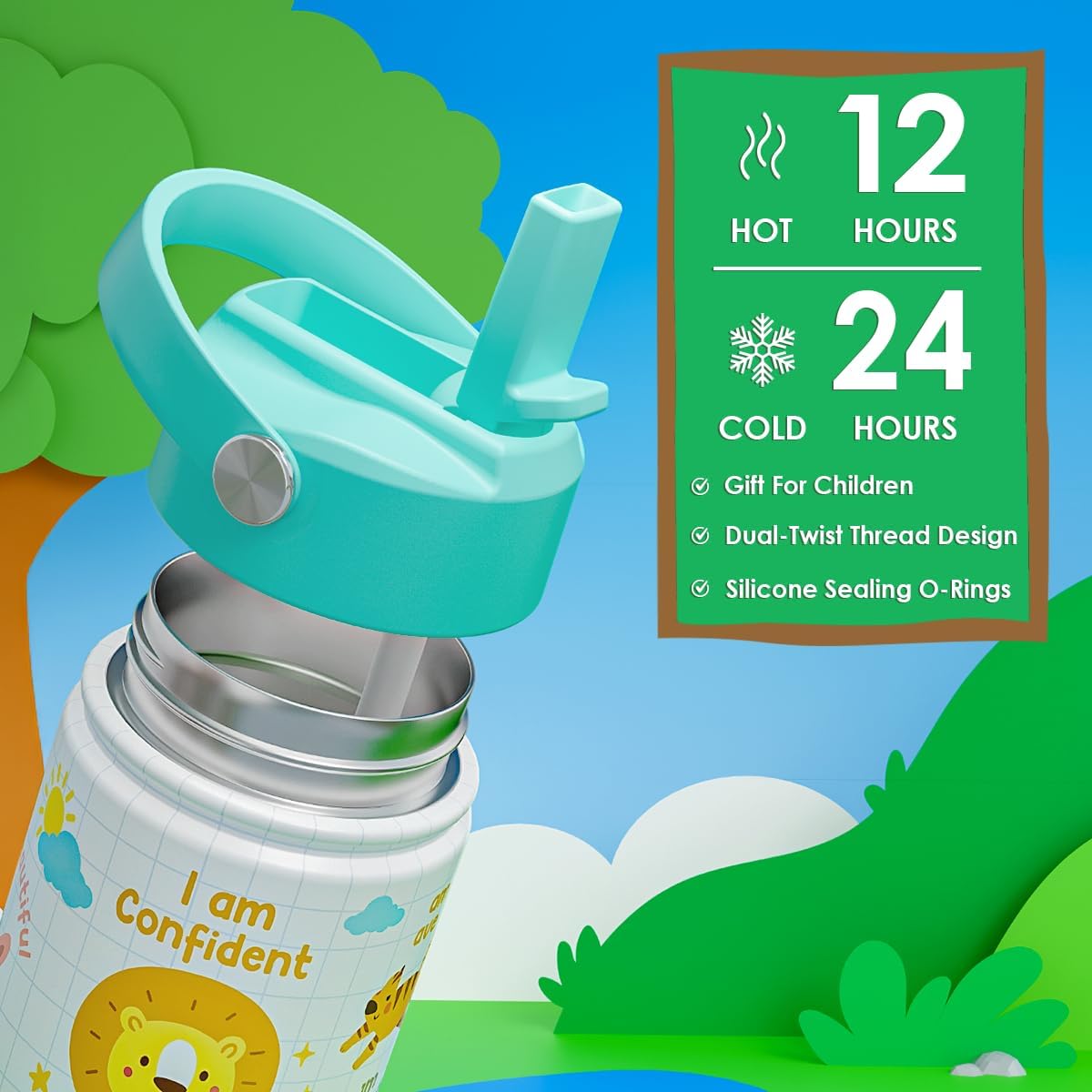 Animal Water Bottle 12oz for Kid Stainless Steel with Straw Lid, Kids Water Bottle, Travel Tumbler, Inspiration Gifts for Girls Boys, Birthday Christmas Back To School - Image 3