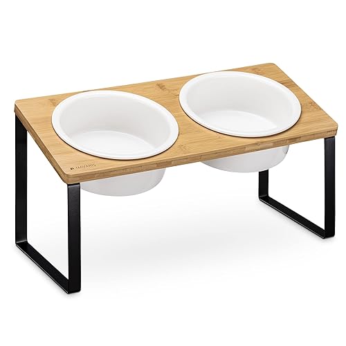 Navaris 2X Fressnapf aus Keramik mit Metall Ständer - Katzennapf Hundenapf 2 Stück im Set - Erhöhter Futternapf Katze Hund - Napf in Schwarz Natur - L