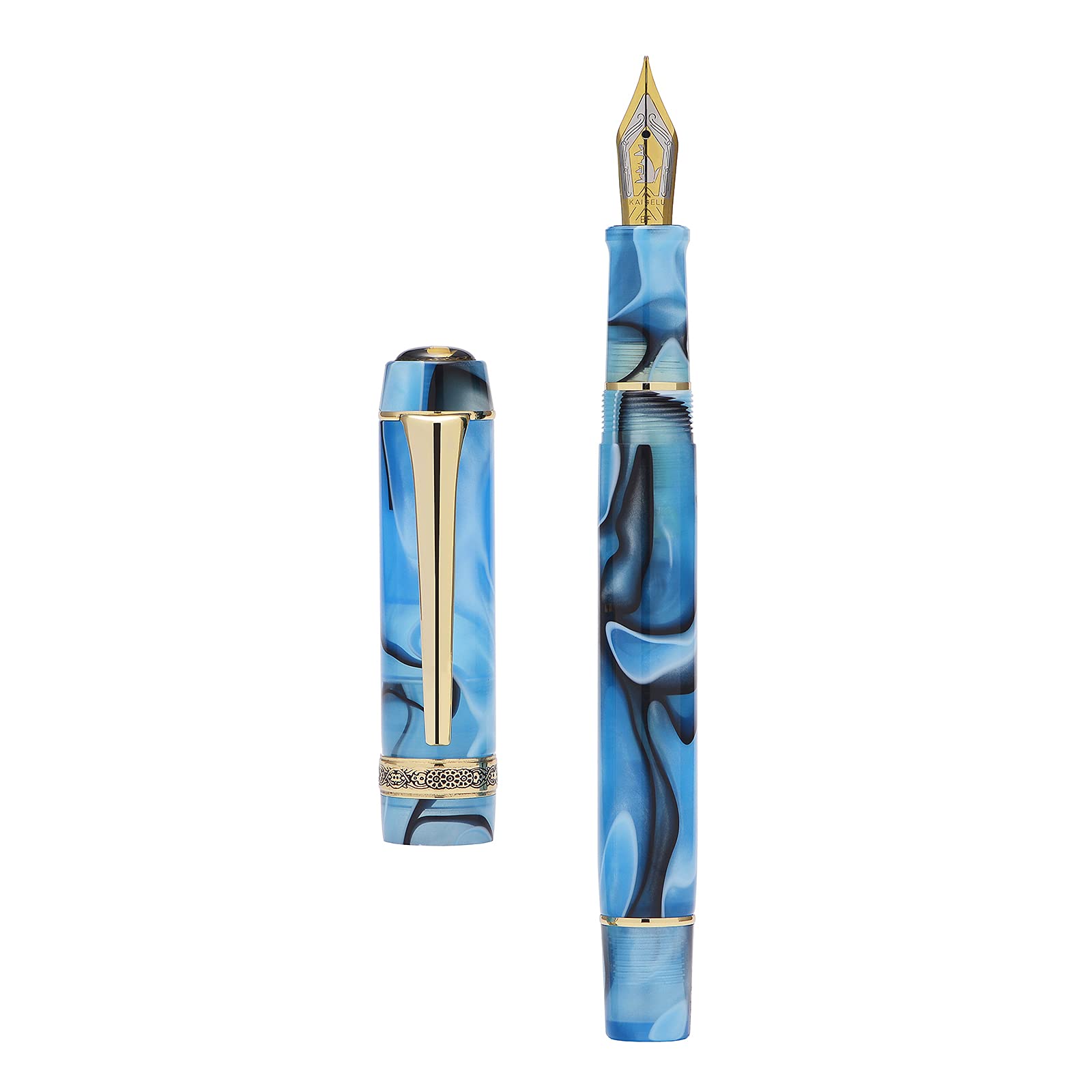 AsvineKaigelu 316A Marble Blue Acrylic Fountain Pen, Iridium Medium Nib Classic Pen with Ink Converter