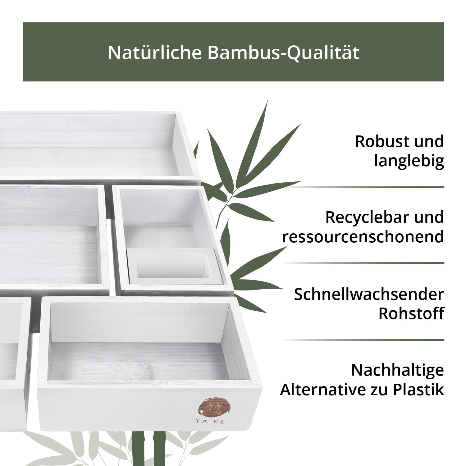 TAKE® 6-częściowy organizer do szuflad, wykonany w 100% z naturalnego bambusa (biały) – organizer do szuflad, pudełka w różnych rozmiarach, do kuchni, łazienki i biura, organizer do szuflad, toaletki