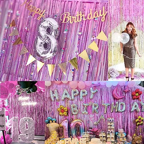 Image of 4 Pack Pink Tinsel Party Backdrop 12.8x8.2 Feet Glitter Metallic Tinsel Foil Fringe Curtain, Pink Backdrop Curtain Door Streamers for Birthday Bachelorette Graduation Christmas Party Decorations