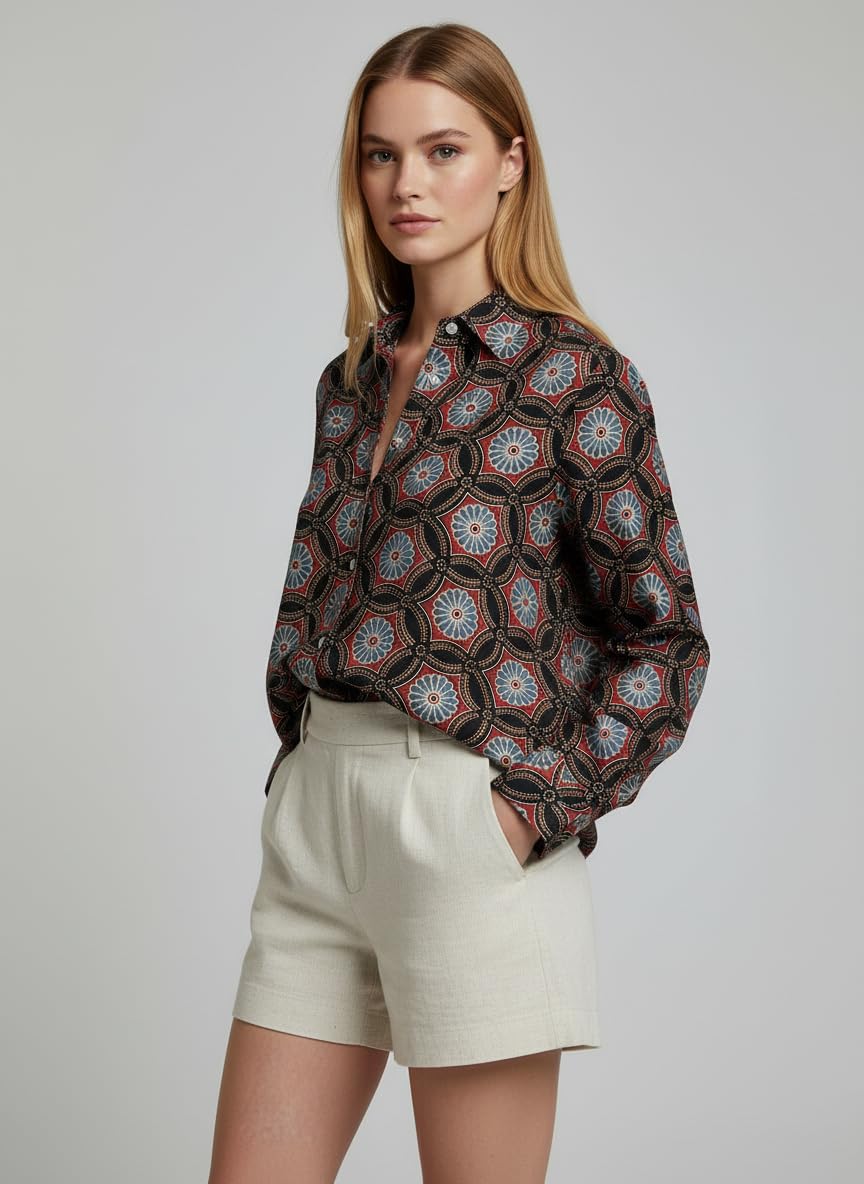 ANNI Designer Bedrucktes Damenhemd aus Baumwollmischgewebe, langärmelig, normale Passform, Hemdkragen, legere Bürokleidung, elegante Western-Kleidung für den Alltag, Hochzeit, Party