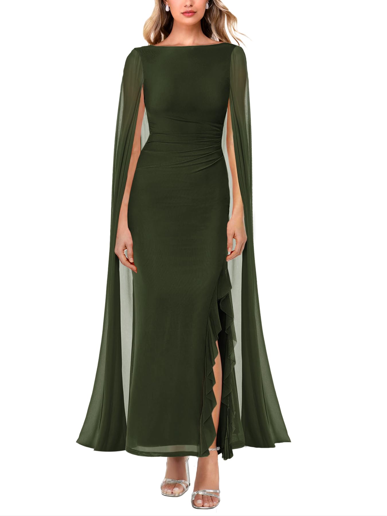 Lrady Women's Formal Evening Gowns High Split Ruffle Wedding Guest Cape Sleeve Cocktail Party Maxi Dresses