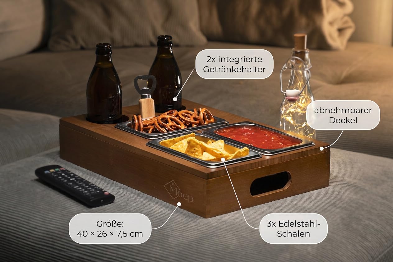 Couchbar aus Bambus mit 2 Getränkehaltern & 3 Edelstahlschalen – Sofa Organizer & Snackbox für Filmabend, Gaming & Serienabend – Sofatablett mit Snackschalen, Couch Butler 40 x 26 cm