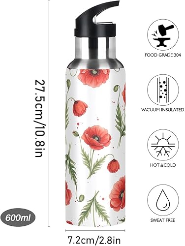 Miniatura 9 de Botella de agua de acero inoxidable aislada con pajilla, flores de amapola roja, hojas verdes, botella de agua deportiva sin BPA con popote a prueba