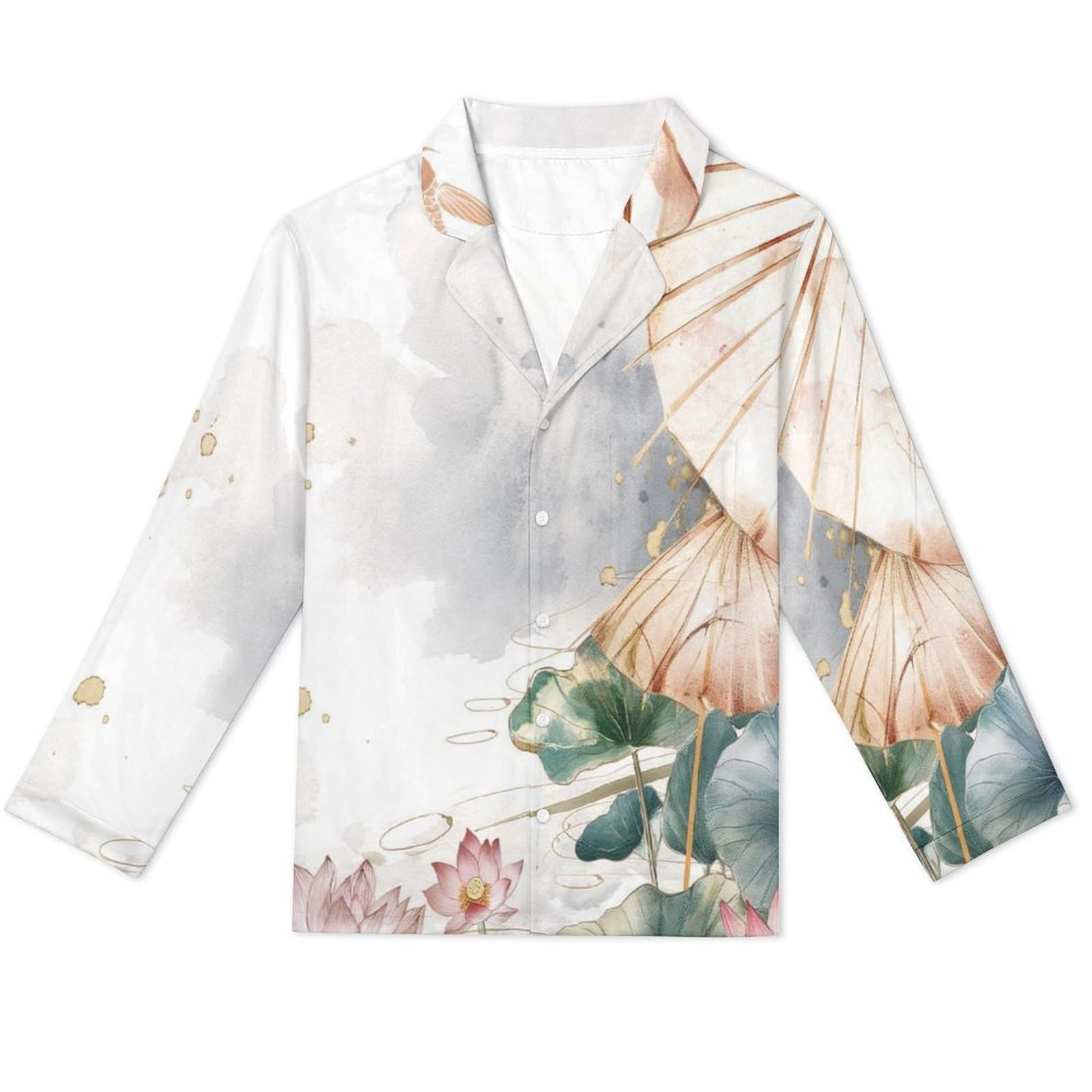 OLEETS Completo Pigiama da Uomo 2 Pezzi - Fiori E Foglie di Loto Rosa Top E Pantaloni in 2 Pezzi Pigiama Casual E Ampio A Maniche Lunghe Morbido Autunnale E Invernale.