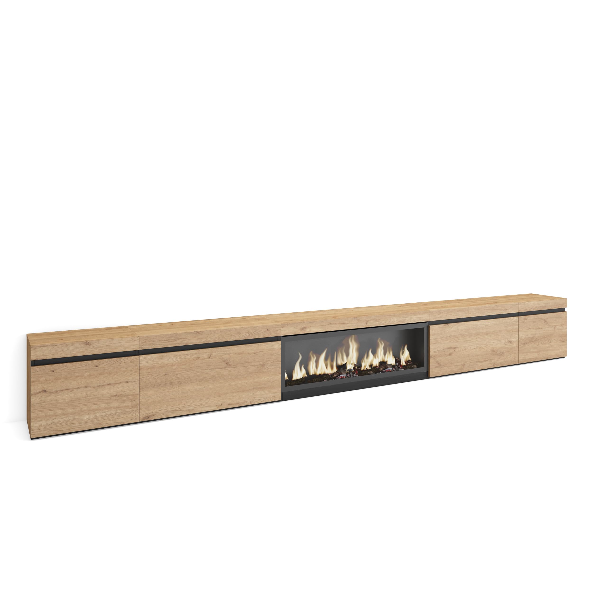 Skraut Home | Mueble TV | Televisión | Muebles de salón, almacenaje | 368x45x35 | Chimenea eléctrica XXL | Estilo Moderno | Roble