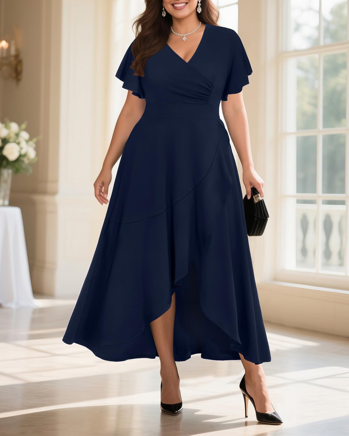Pinup Fashion Women Plus Size Dresses Wedding Guest - Formal Cocktail Wrap High Low Long Dress - Image 3