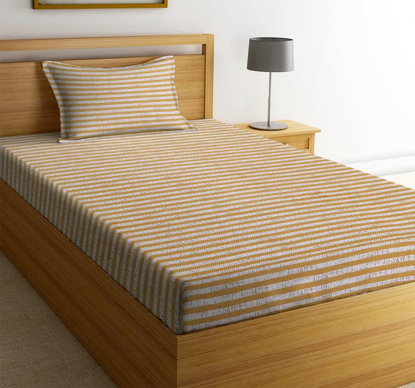 Image of NHD HOME Premium Glace Cotton 180 TC Flat Single Bedsheets Breathable | Wrinklefree (Size-60 X 90 Inch) with 1 King Size Pillow Covers (Size-17 X 27 Inches, Rust White Striped)