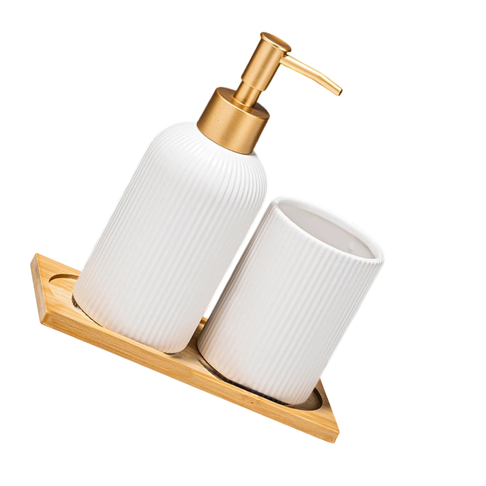 Of 3 Ceramic Soap Dispenser Set with Wood Storage Tray and Toothbrush Cup for Bathroom Countertop Display Decoration Bathroom Organizers Set