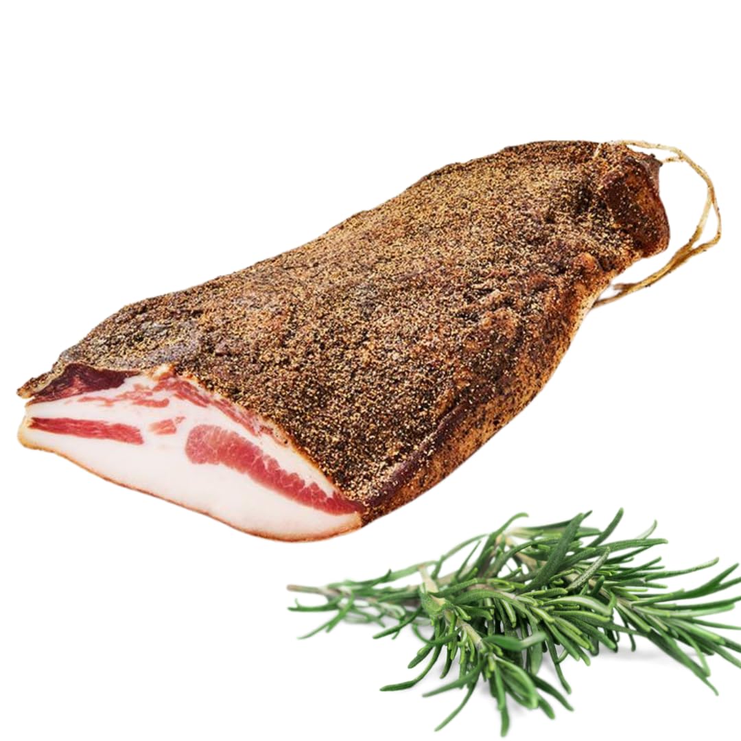 Guanciale | Fettbacke | Stücke portioniert ca. 1,3kg | ideal für bin Amatriciana- und Carbonara-Rezepte | ein 100% italienisches Produkt | höchster Qualität | luftgetrocknet | mit Pfeffer gewürzt