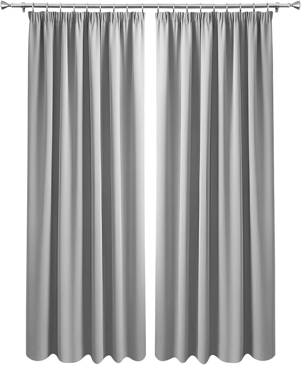 Imperial Rooms Blackout Pencil Pleat Curtains for Bedroom 66 x 84 Drop Inch Light Grey Curtains Thermal Insulated Door Curtain, 2 Panels with Tiebacks