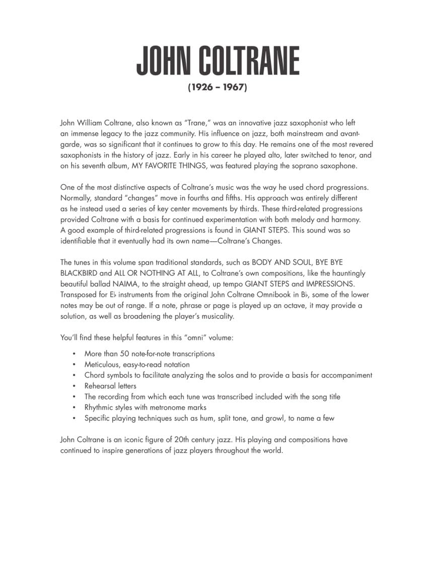John Coltrane Omnibook for E-flat Instruments - Alto Saxophone, Baritone Sax