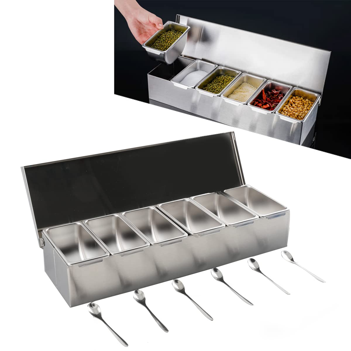 Juego de 6 cajas para especias de cocina, rectangulares, recipientes para condimentos, recipientes para especias, recipiente para barbacoa, recipiente para alimentos, acero inoxidable
