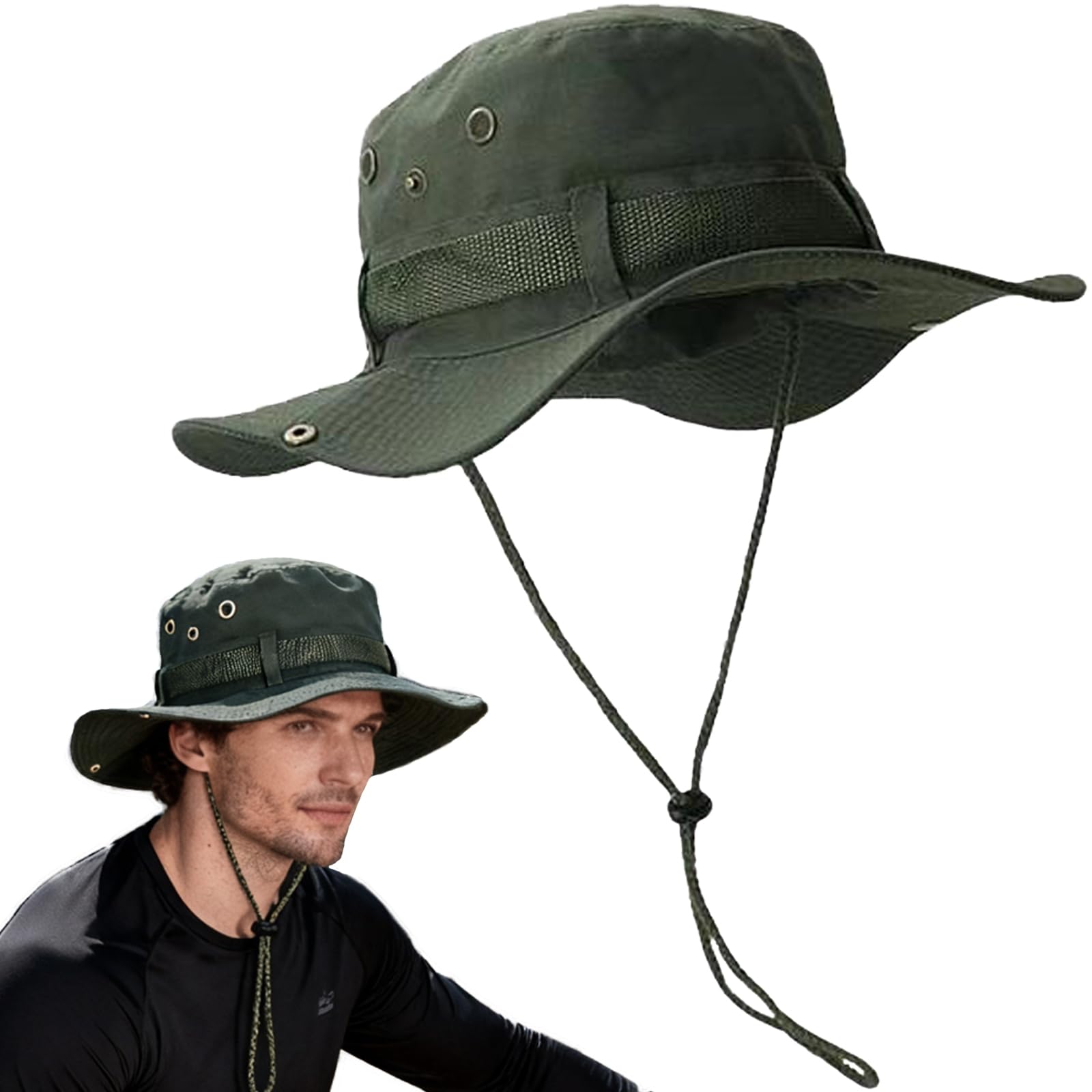 WNTJN Sun Hat for Men Women with Wide Brim & UV Protection, Packable Adjustable Bucket Hat & Chin Strap, Breathable Waterproof Foldable Boonie Hat for Fishing Hiking Beach Garden Outdoor Green