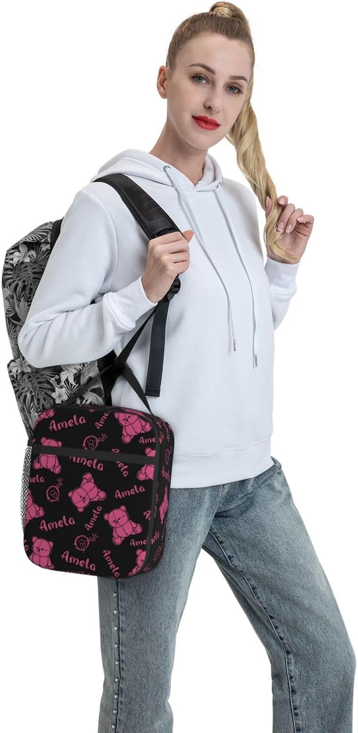 Custom Bear Insulated Lunch Bag with Name Personalized Lunch Tote Box with Shoulder Strap Customized Waterproof Lunch Bag for Women Teens Kids Customizable Cooler Bag Gift for Back to School Birthday
