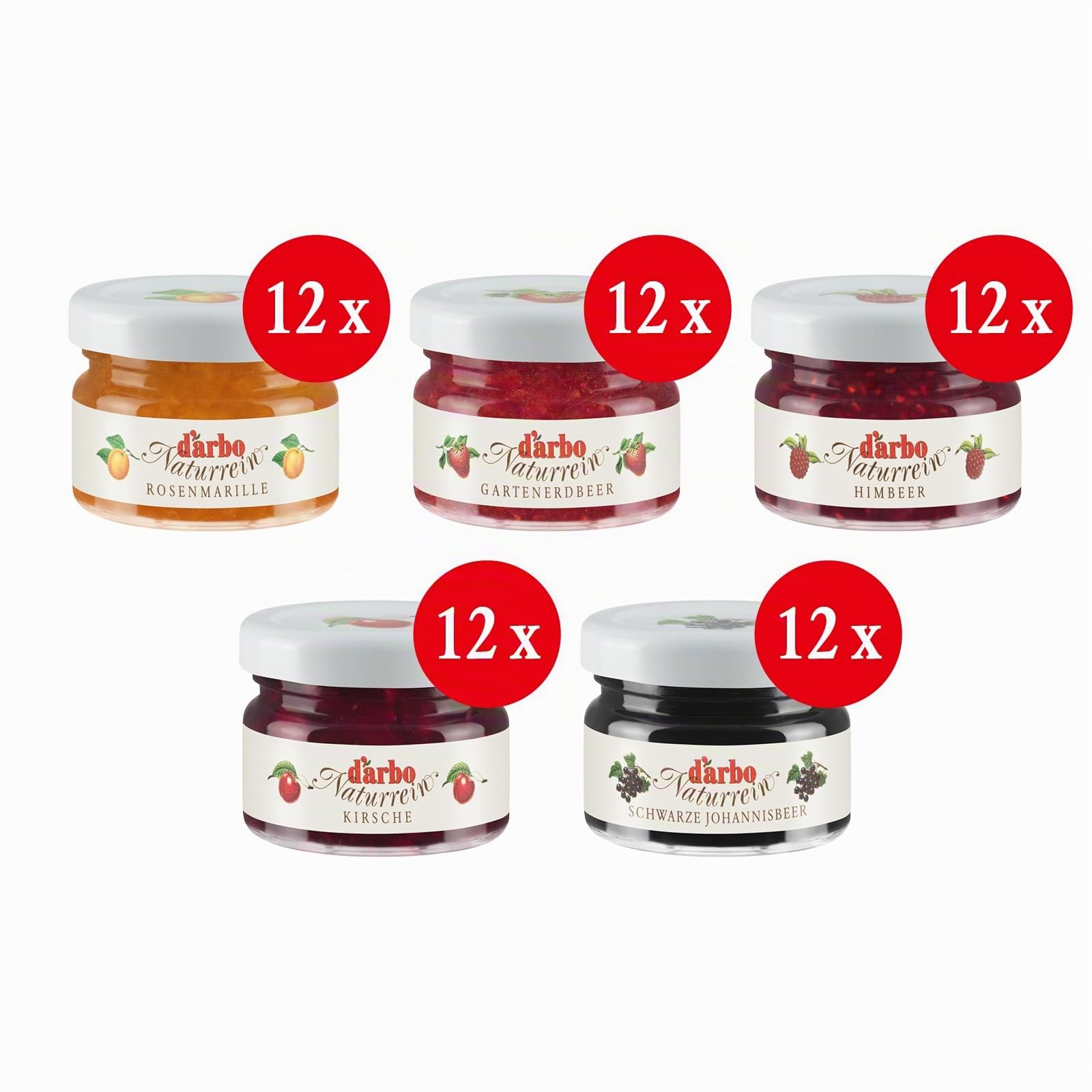 Darbo, Confetture Naturrein Assortite, Confettura in Mini Vetro, Marmellate Monodose Miste per Colazione, Albicocca, Ciliege, Lamponi, Ribes Nero, Fragole, Formato Convenienza, 60 Confetture da 28 g