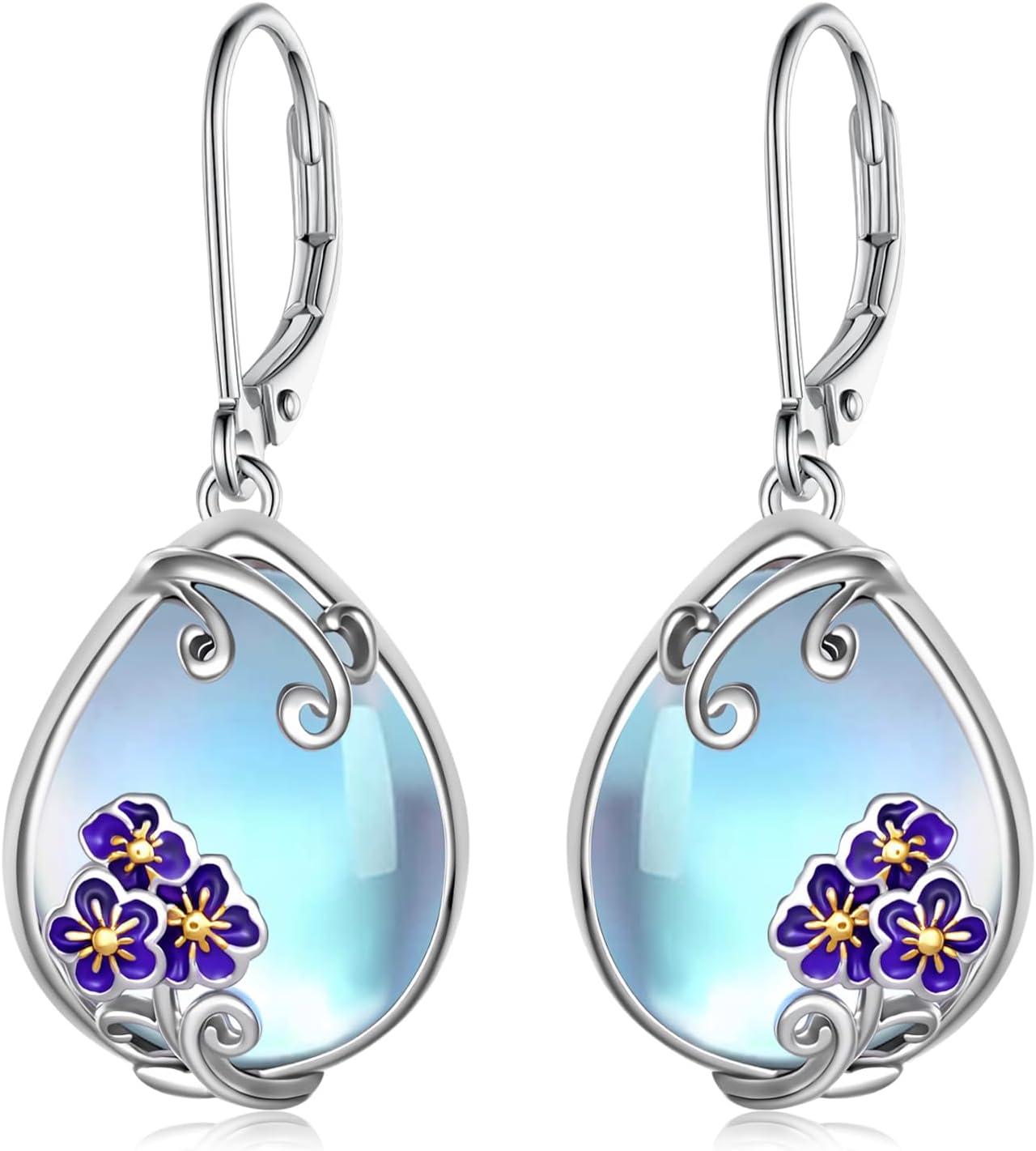 Forget Me Not Jewelry 925 Sterling Silver Moonstone Forget Me Not Leverback Earrings Flower Jewelry Gifts for Women