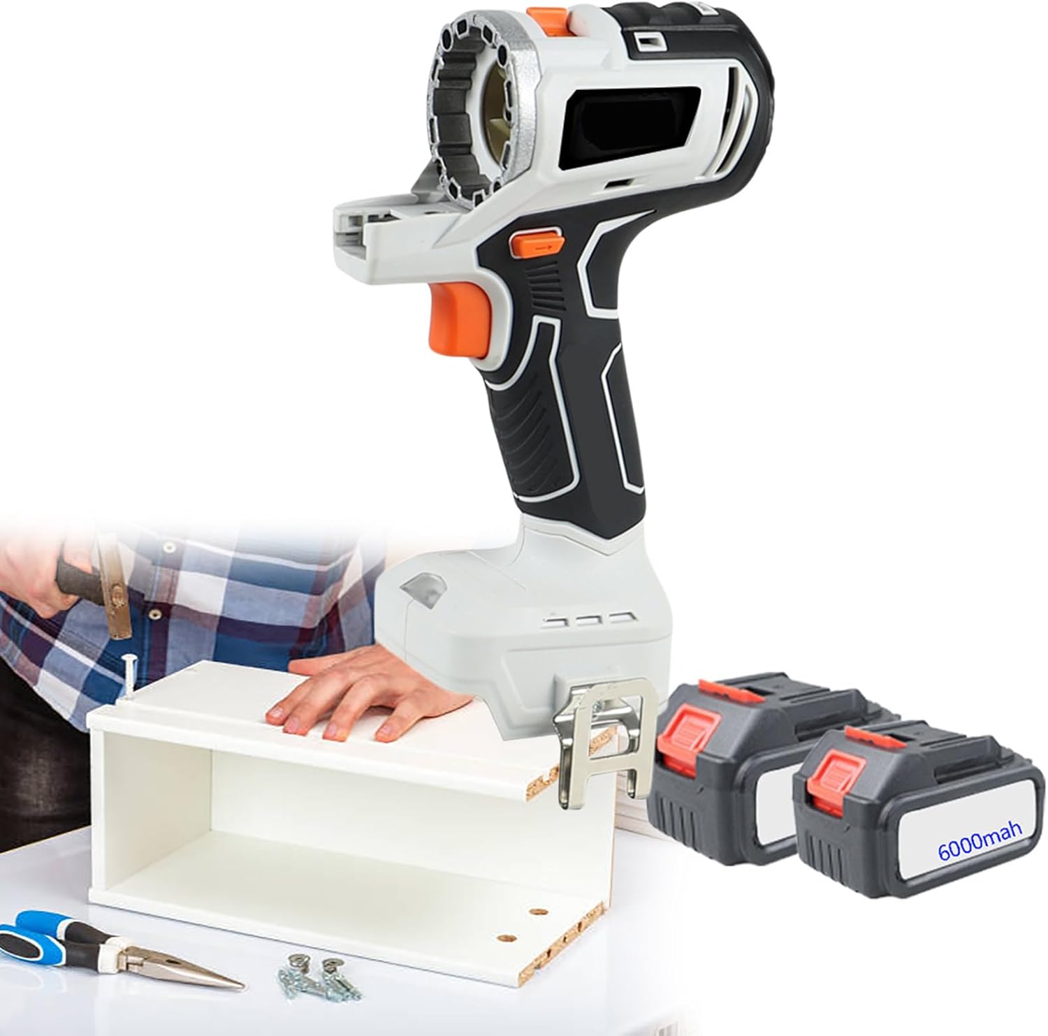 Cordless Power Combo Kit, 10-in-1 Multi-Functional Woodworking Tool Set, 2 x 6.0Ah Battery & Tool Box, Power Tool Combo Kits, for Homes and Gardens