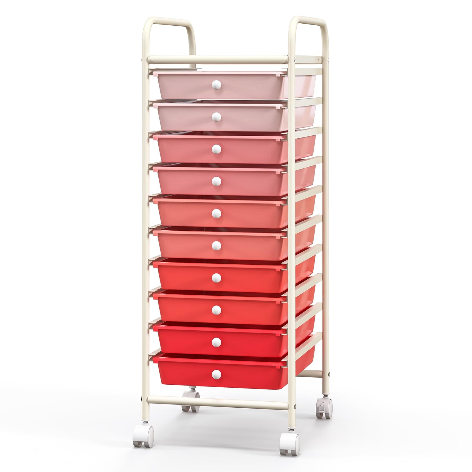 COSTWAY 10 Drawers Storage Trolley, Home Office Stationary Rolling Cart with 4 Wheels, Multipurpose Mobile Organiser Shelving Unit for Makeup Beauty Salon (33 x 38 x 86cm, Gradient Pink)