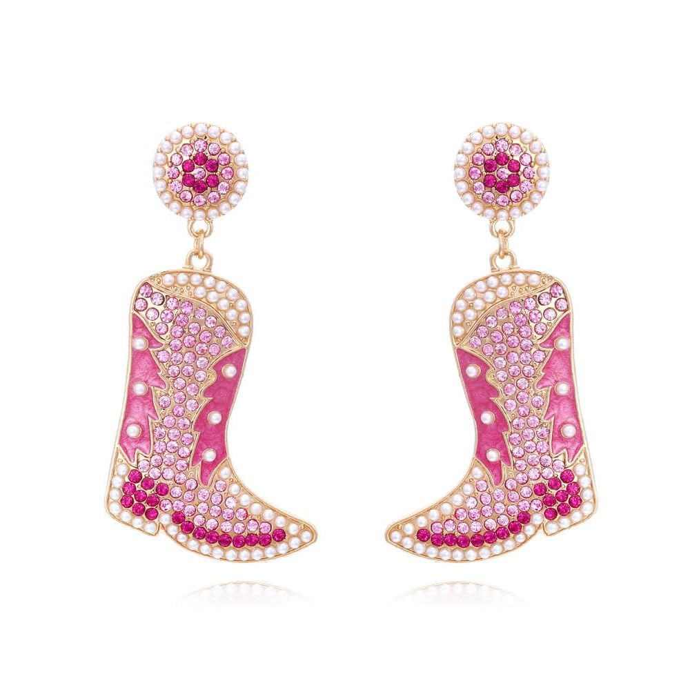 Sparkling Cowgirl Boots Drop Dangle Earrings for Women Girls Crystal Cubic Zirconia Shell Pearl Boot Western Cowboy Fancy Dress Costume Dangling