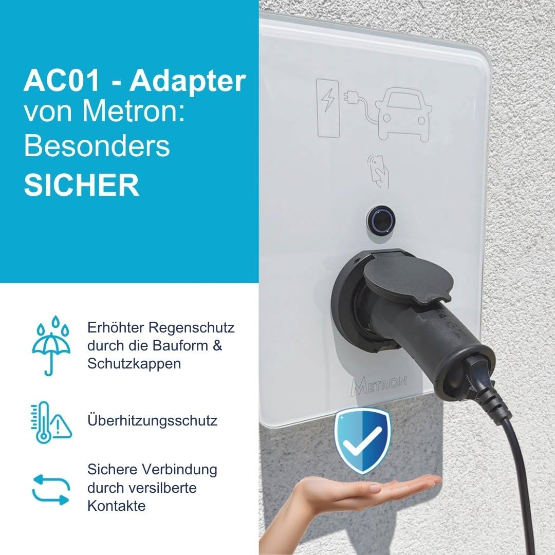 Metron Adattatore AC01 tipo 2 su Schuko affidabile alla stazione di ricarica grazie all'elettronica di avviamento e arresto