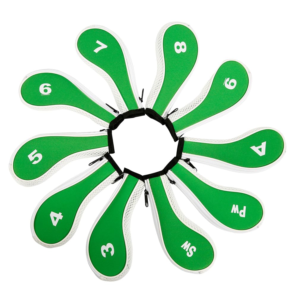 Golf Club Iron Head Covers 10 Piece Set Headcover Shaft Protector Green with White