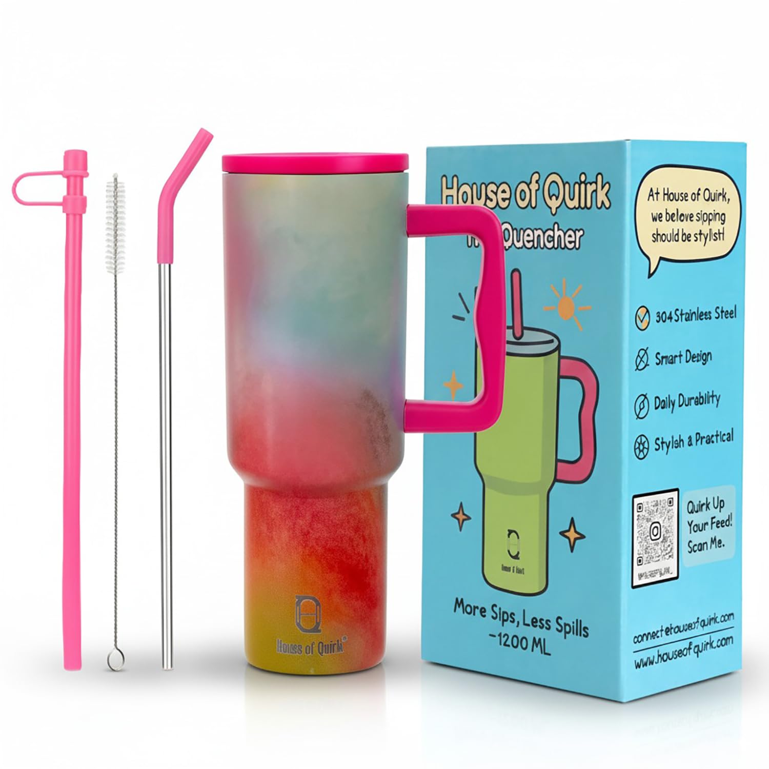 House of Quirk 1200ML Stainless Steel Tumbler with Handle & Lid, 2 Straws – Large Travel Mug Water Cup for Gym, Office & Outdoor Use (Cosmic Sorbet)