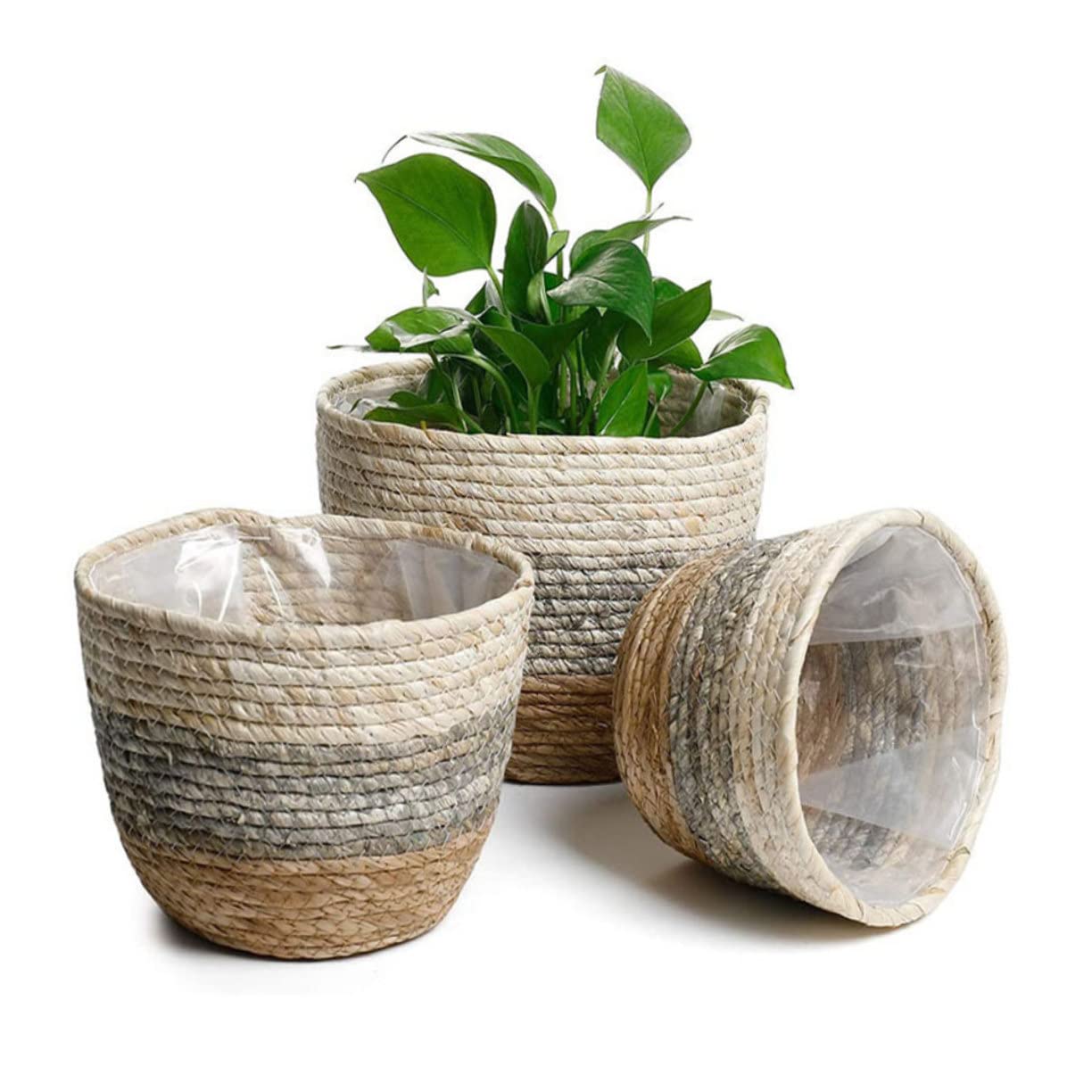 Lot De 2 Paniers De Fleurs Tressés XL Gris, Pots De Jardin en Paille Naturelle, Décor Rustique pour Intérieur Et Extérieur, Paniers Multifonctions Légers Et Décoratifs