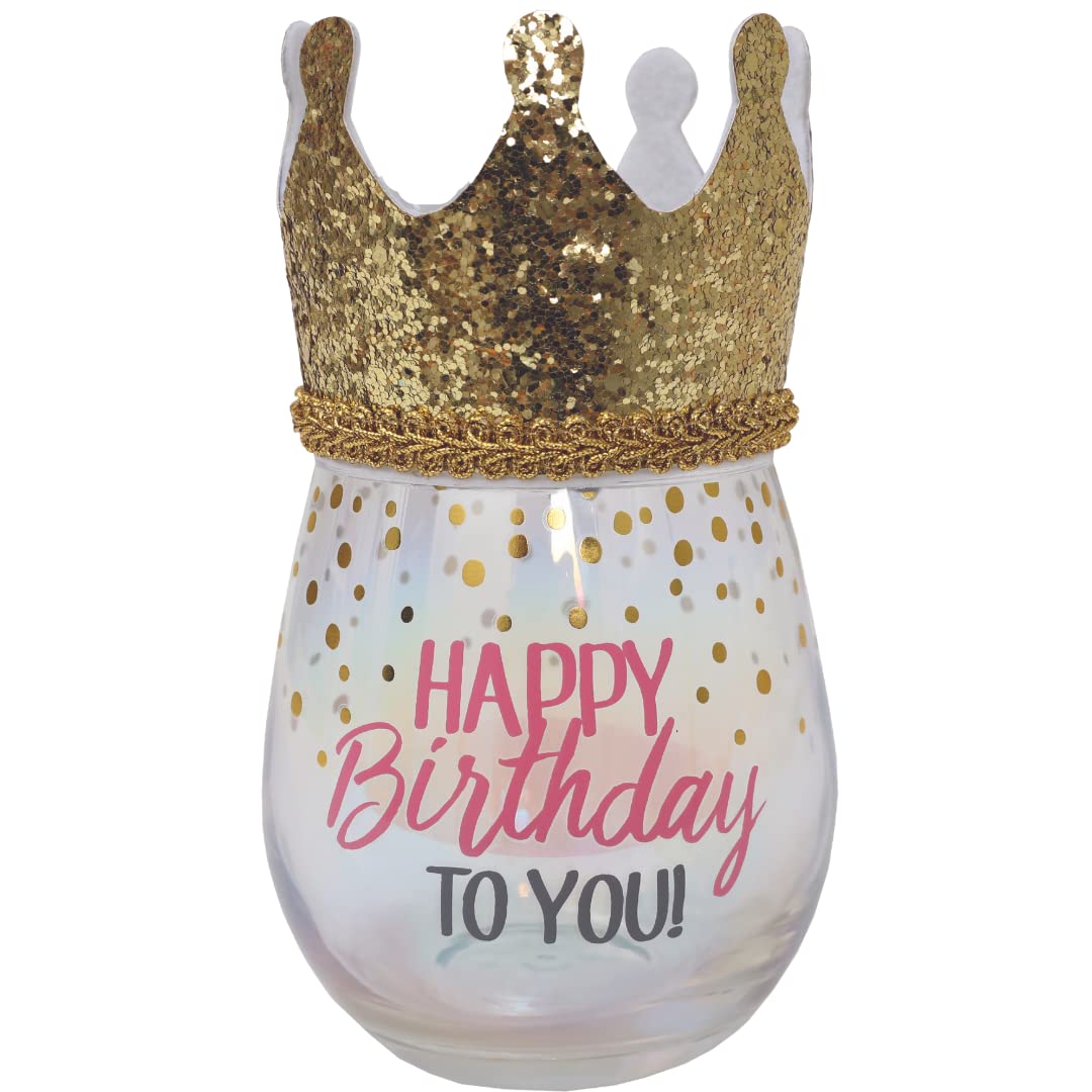 Stemless Happy Birthday Iridescent Glitter Wine Glass with Gold Crown Party Hat