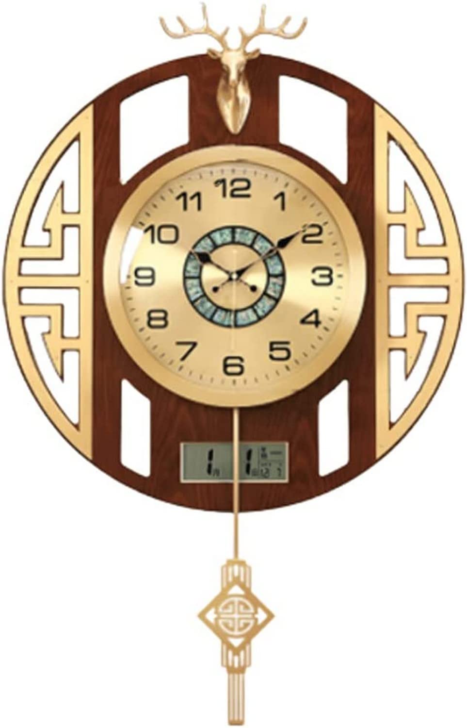 SaryEdge Wall Clock Art Large Wall Clock Metal Wall Clock with Date,Month,Day of Week Silent Non-Ticking Operated Clock with Pendulum Creative Deer Decor Wall Decor Clock,-I,D-B,D-B
