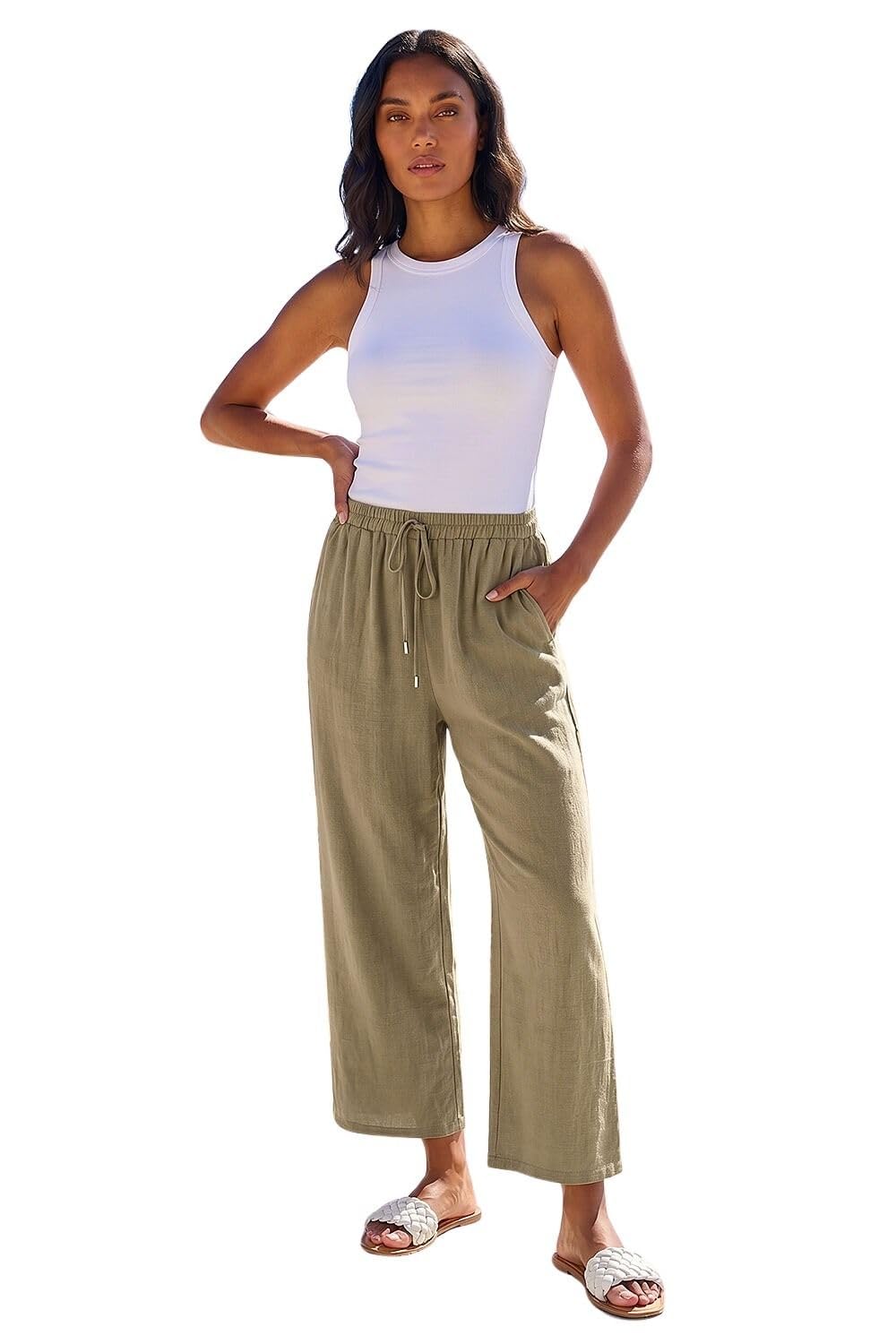 Roman Women's Khaki Cropped Linen Trouser In Size 18