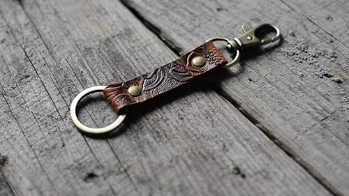 Miniatura 3 de JJNUSA Patrón de flor de llavero de cuero marrón con soporte fácil de los cordones de la muñeca de la llave del cierre, Marrón