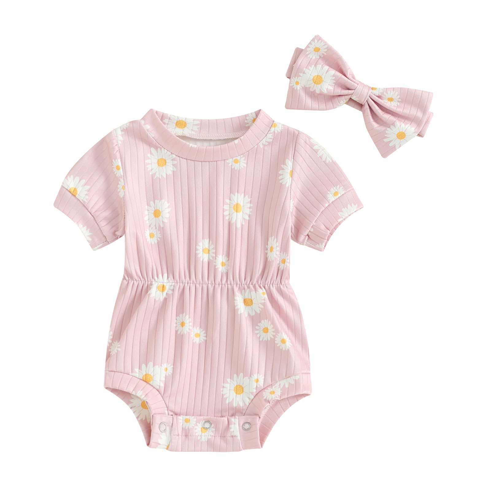 MadjtlqyNewborn Baby Girl Summer Bubble Romper Short Sleeve Daisy Bodysuit with Headband Infant Girl Floral Print Jumpsuit