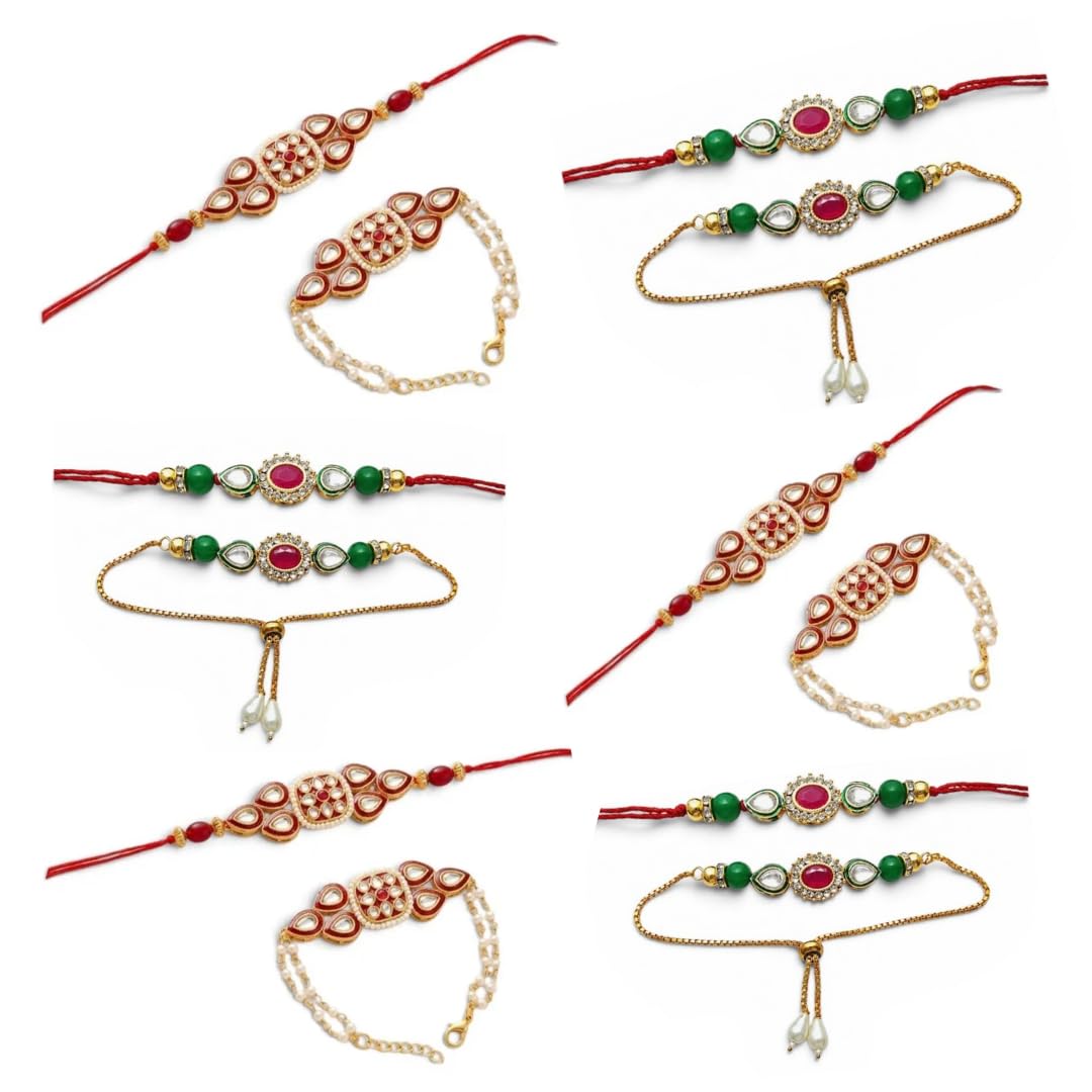 Sweksha Creations Designer Kundan Meenakari Rakhi Bracelet Combo (6 Pair)-image-34