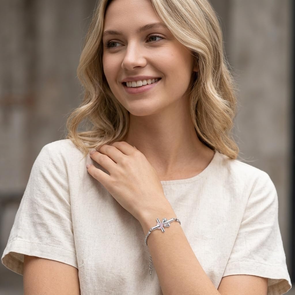 DAYLINLOVE Brustkrebs Armband 925 Sterling Silber Rosa Kreuz Boxhandschuhe Armbänder Brustkrebs Bewusstsein Überlebende Schmuck Geschenk für Damen Frauen Mütter Oma
