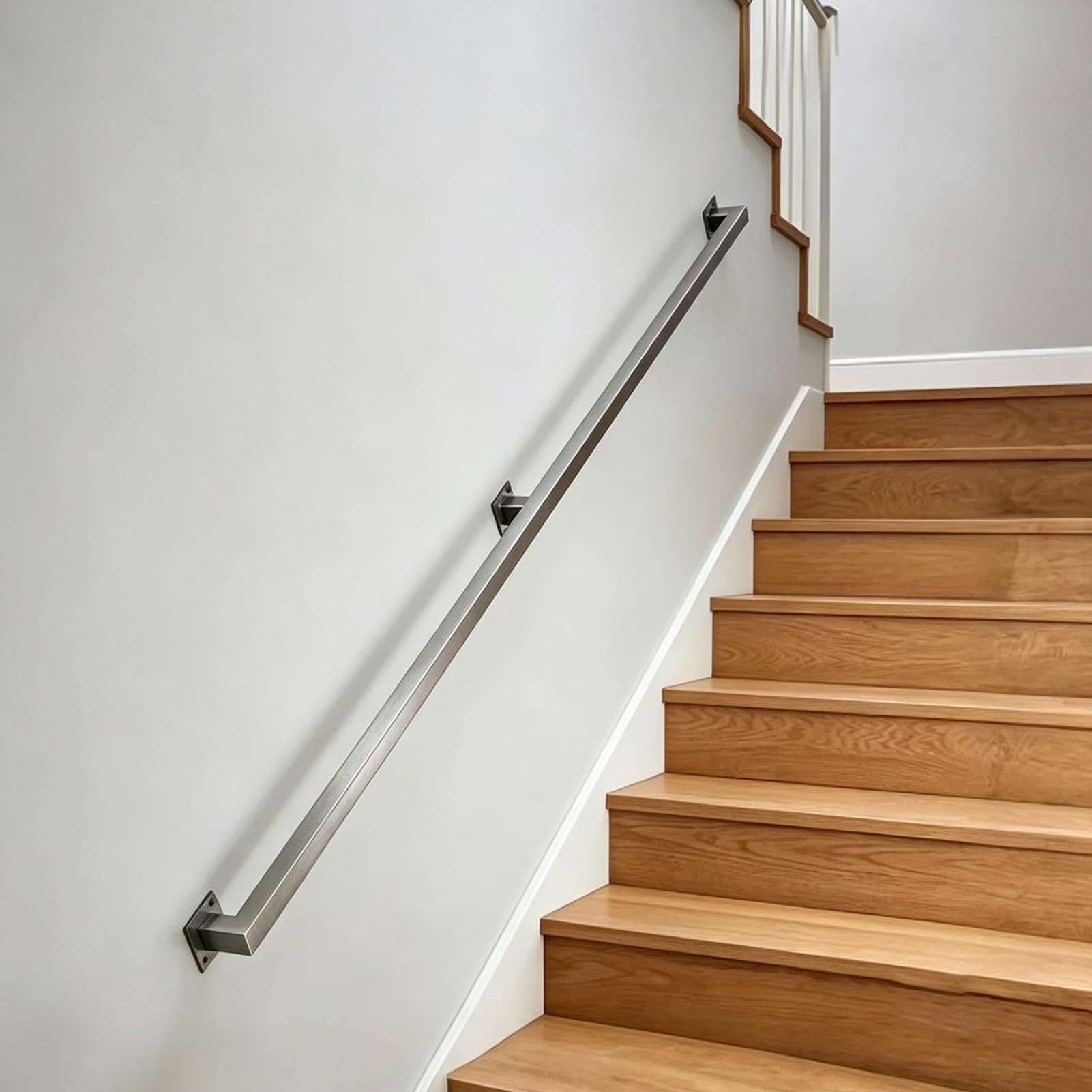 30CM-60CM Silver Banister Rail for Stairs Handrail - Wall Mount Hand Rail Support Kit - Indoor Outdoor Square Tube Grab Rail for Loft, Porch, Garage & Deck(16ft/4.8m)