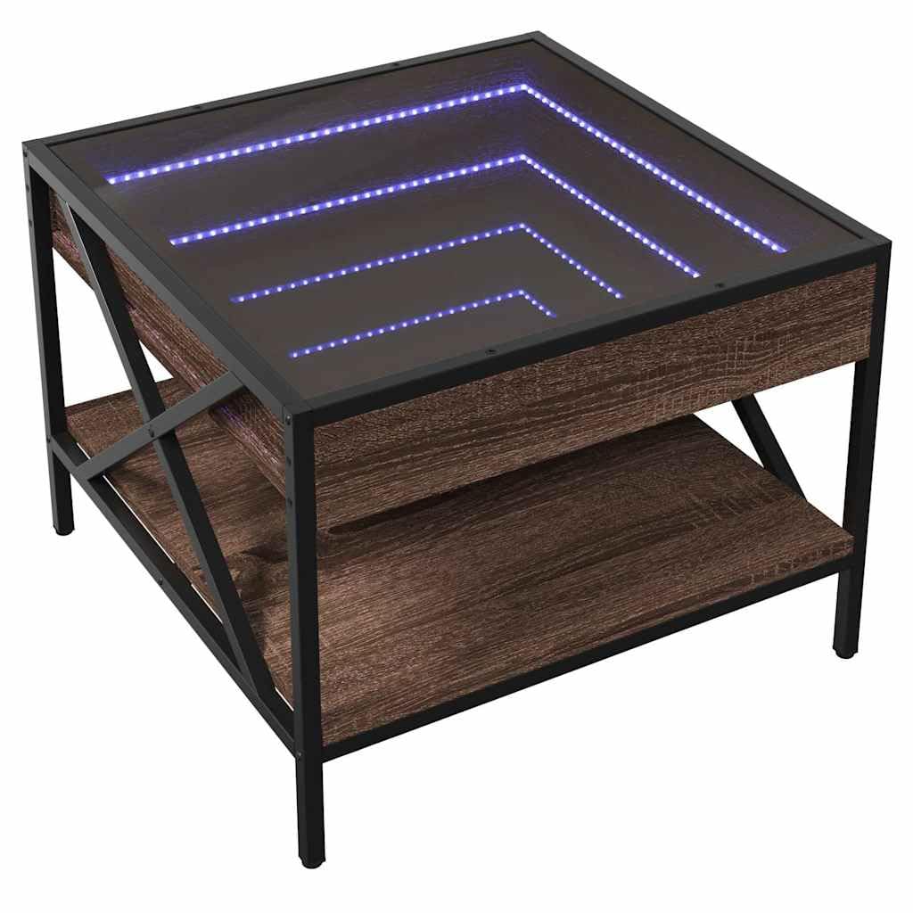 Stolik kawowy z diodami LED Infinity o wyglądzie brązowego dębu, 50 x 50 x 38 cm, materiał drewnopochodny z metalowymi nóżkami, uniwersalny stolik pomocniczy i stolik do odkładania do salonu