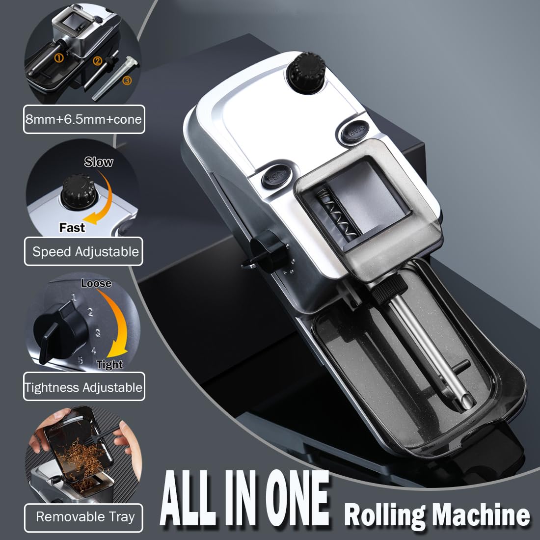 Macchina elettrica per rollare sigarette, macchina per rollare i coni, macchina automatica per rollare il tabacco, 3 in 1 per sigarette King/dimensioni regolari 6,5 mm e 8 mm tubo e coni