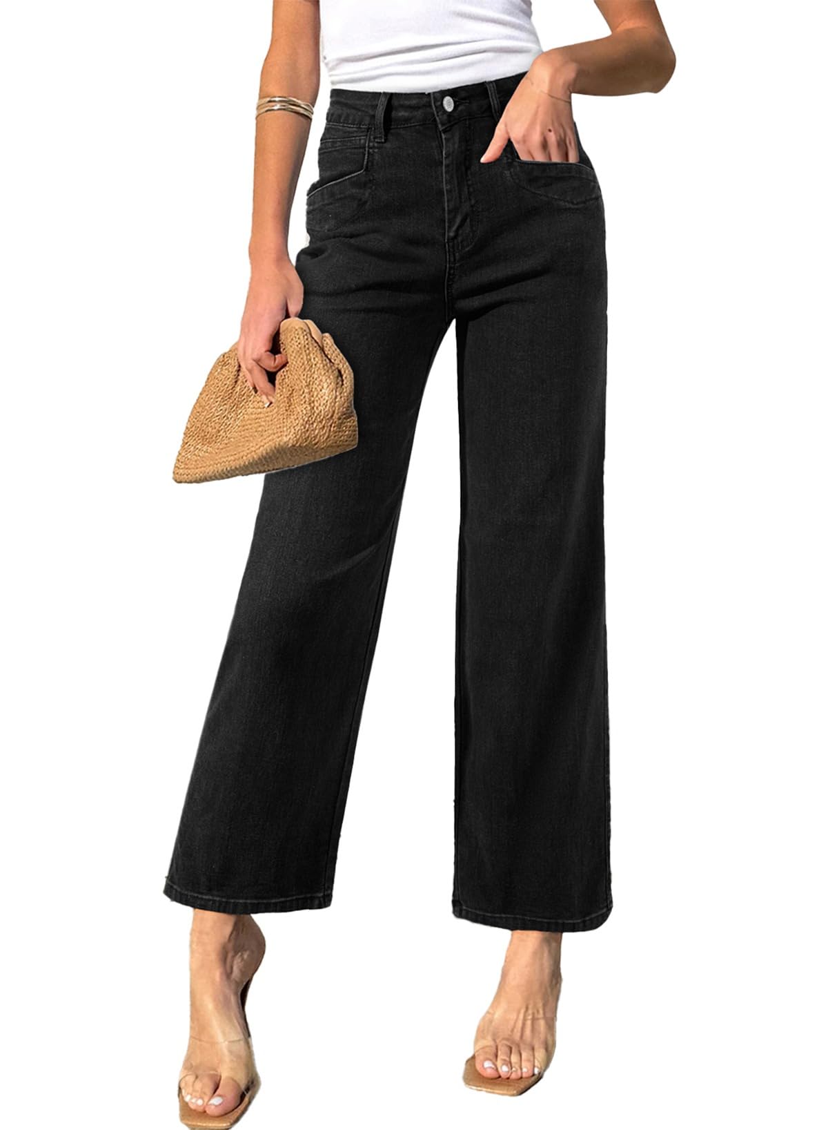 Sidefeel Women's Wide Leg Jeans High Waisted Stretchy Jeans Straight Leg Zimbaplatinum Ankle Denim Pants with Slant Pockets