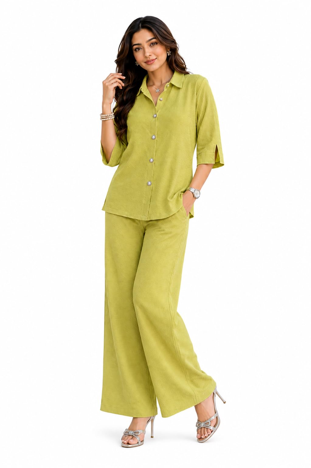Women Fluffy Fabric Co-ord Set | Long Sleeve Shirt & Palazzo Pant | Premium Knit Semi Winter Outfit-image-14