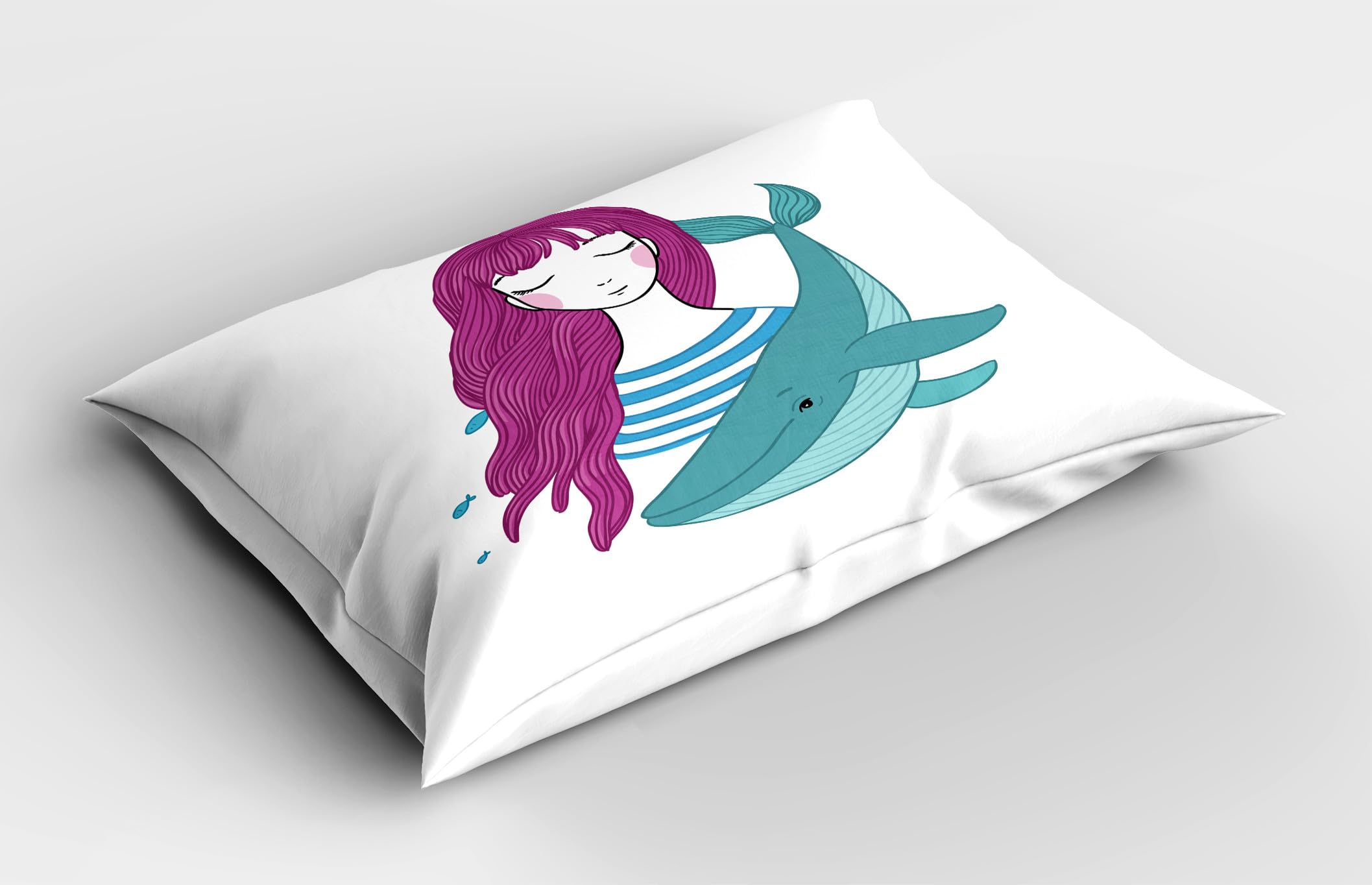 Ambesonne Retro Pillow Sham Set of 2, Illustration of a Teenage Girl with Closed Eyes and a Funny Whale, Quality Microfiber Bedding Item for All Seasons, 30
