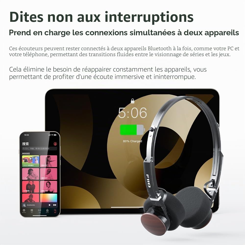FiiO EH11 Casque Bluetooth rétro supra-auriculaire, sans fil LDAC, léger, 92 g, 30 heures d'autonomie, connexion double appareil, égaliseur d'application et mode jeu, microphone intégré (transparent)