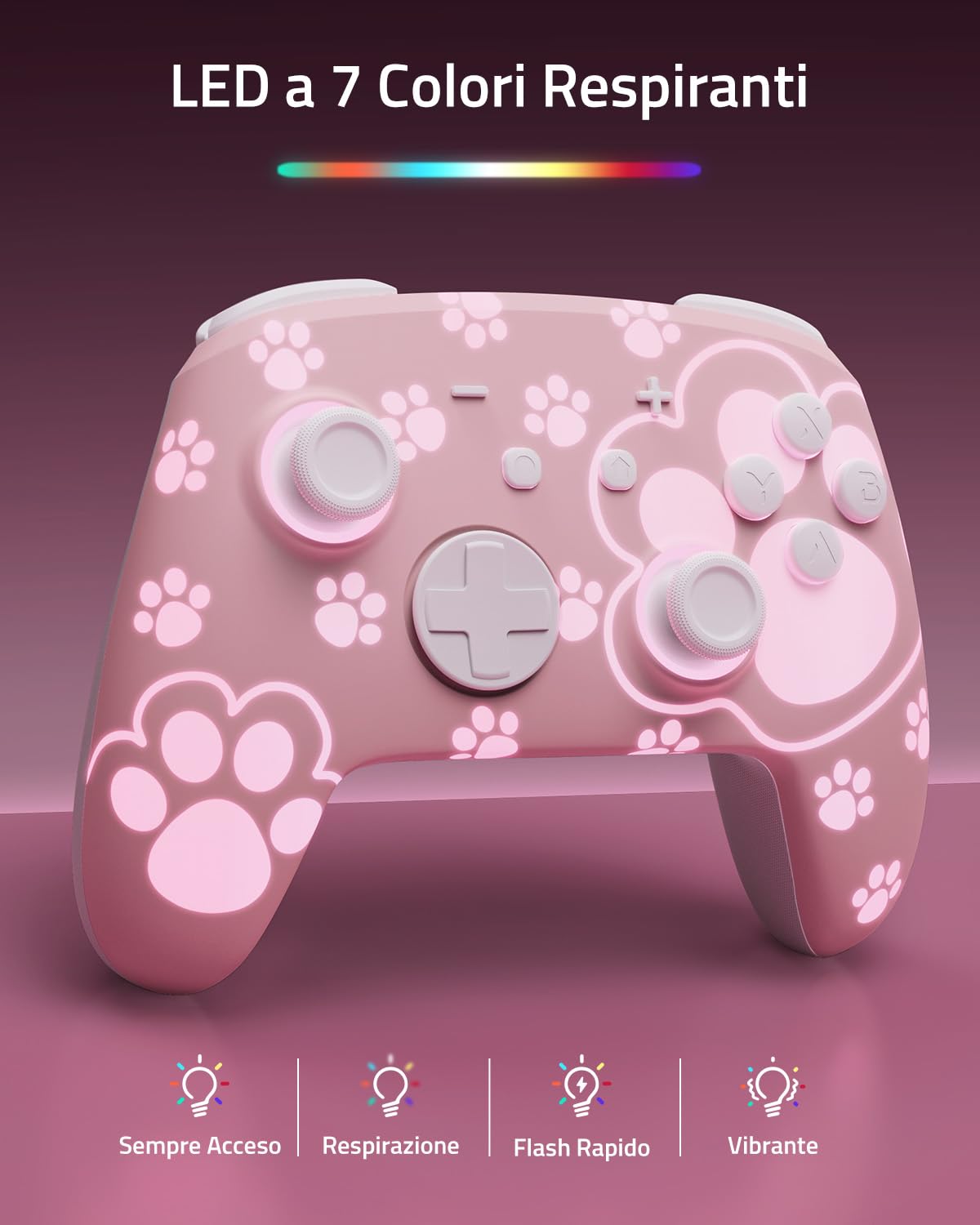 [Motivo luminoso] Controller Switch Pro Wireless Compatibile con Switch/OLED/Lite, Firefly Controller Bluetooth con 7 Colori LED/Paddle/Turbo - Gatto Zampa Rosa