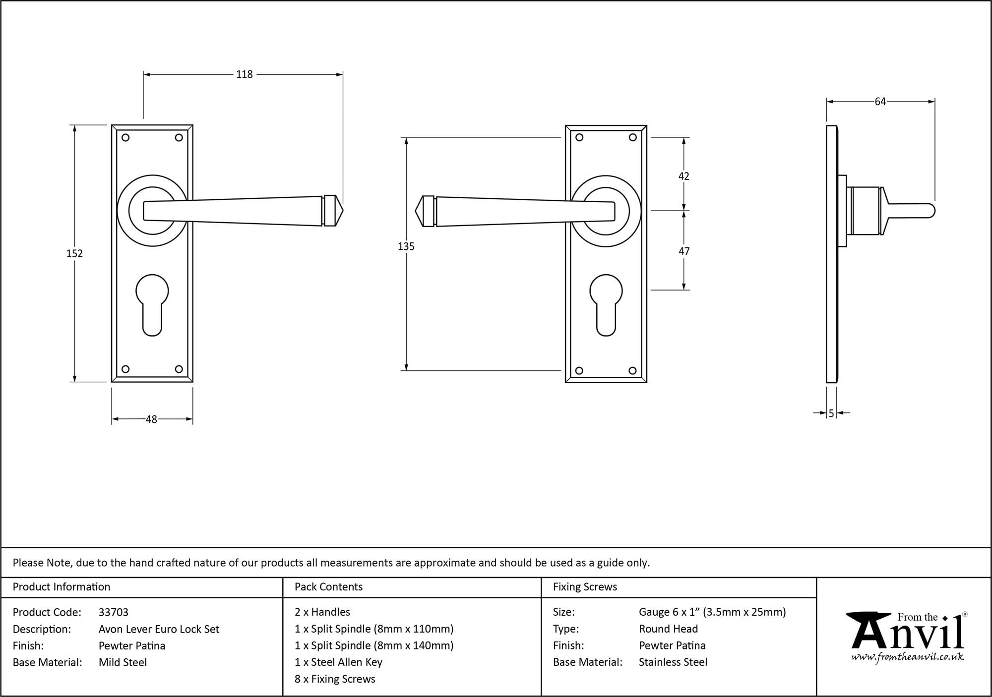 From the Anvil Pewter Avon Lever Euro Lock Set - Image 2