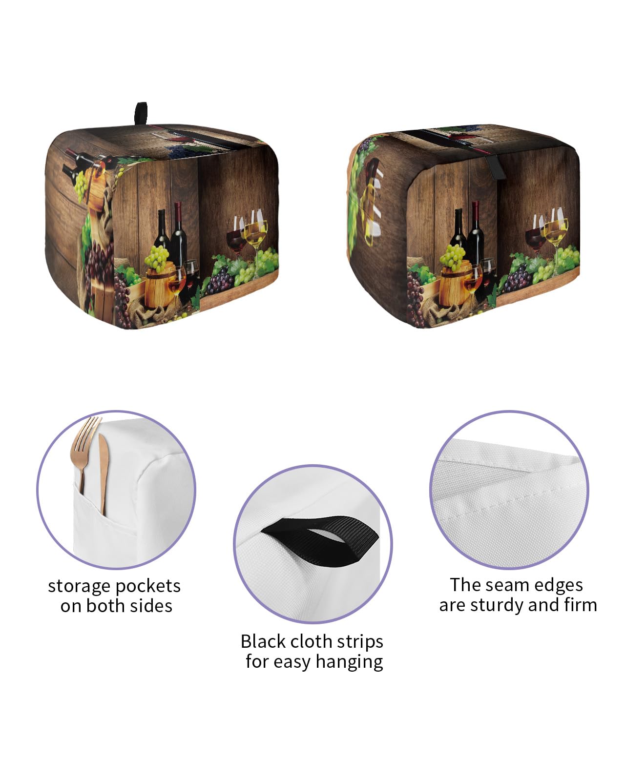 Toaster Dust Cover with Pockets, Red Wine Glass Wooden Barrel Grape Soft Washable 4 Slice Toaster Cover, Dust-proof and Fingerprint Protection