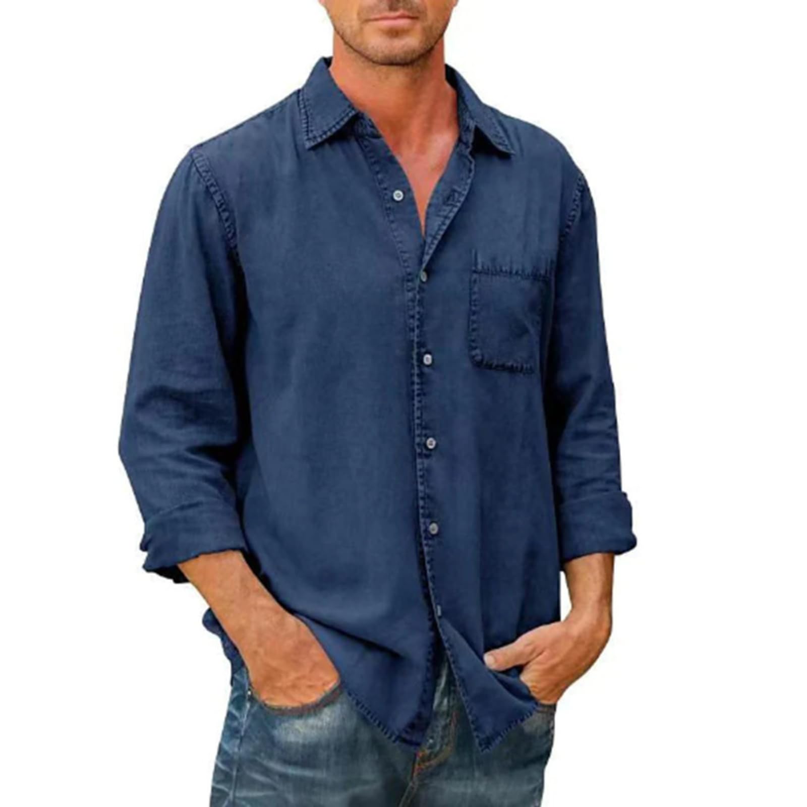 HESYSUAN Mens Denim Estilo de Manga Larga Button Down Shirt Solapa Color sólido Bolsillo Camisa de un Solo Pecho