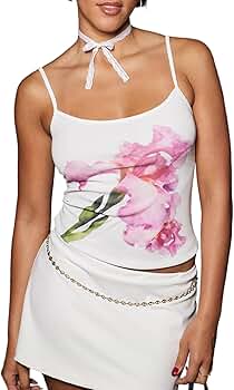 トップス Flower organdie camisole BLACK MakeMeChic Women's Floral Lace Camisole Y2K V Neck Spaghetti